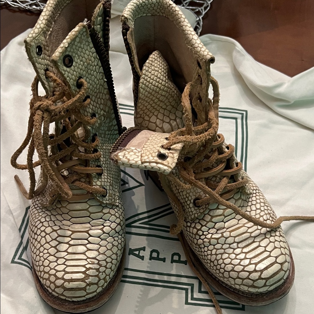 Snake-Embossed Lace-Up Boots in Cream & Brown free bird